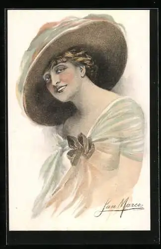 Künstler-AK sign. San Marco: Frau im Kleid mit grossem Hut