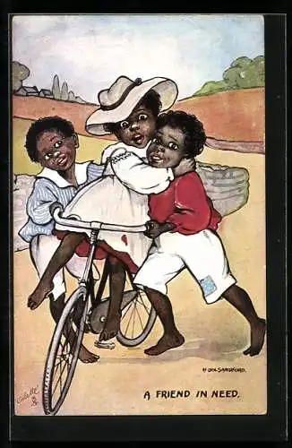 AK Afrikanische Kinder helfen sich gegenseitig beim Fahrradfahren
