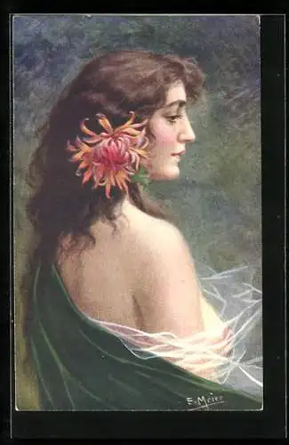 Künstler-AK sign. E. Meier: junge Frau mit Blume im Haar