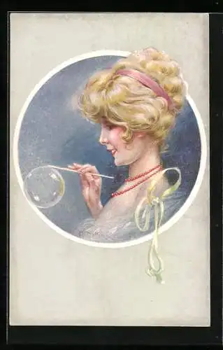 Künstler-AK sign. M. Millière: Fräulein mit einer Seifenblase