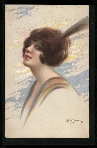 Künstler-AK sign. B. Milanese: Junge Frau mit Feder im Haar
