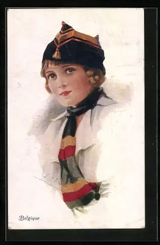 Künstler-AK sign. G. C. Brisley: Junge Frau mit Kappe und Schal in den belgischen Nationalfarben, Belgium