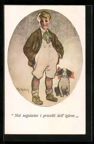 Künstler-AK Noi seguiamo i precetti dell' igiene, Wir folgen den Regeln der Hygiene, Junge mit Hund