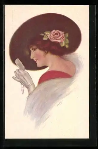 Künstler-AK sign. H. Fisher: Elegante Dame mit Hut und Rose