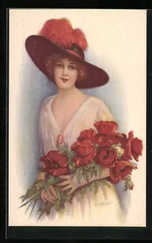 Künstler-AK sign. H. Fisher: Elegante Dame mit Mohnblumenstrauss