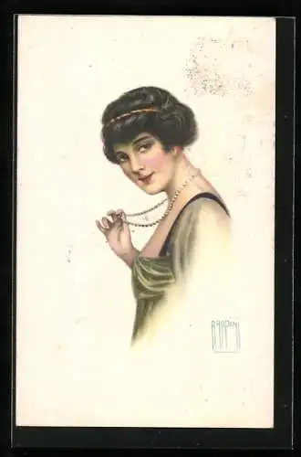 Künstler-AK sign. Vittorio Rappini: Frau spielt mit Perlenhalskette