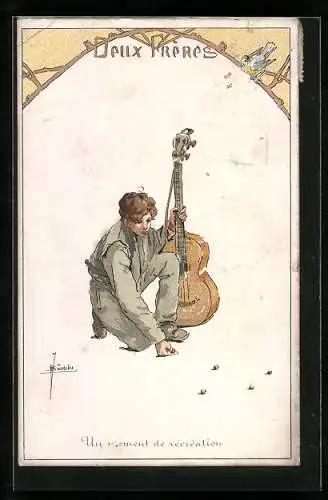 Künstler-AK sign. J. v. Bussche: Serie Deux Freres, Knabe mit Gitarre spielt mit Murmeln