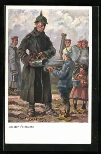 Künstler-AK Propaganda 1. Weltkrieg, An der Feldküche, deutscher Soldat gibt Kindern etwas zu Essen