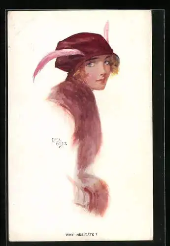 Künstler-AK sign. F. E. Wiles: Hübsche Dame mit Federn am Hut