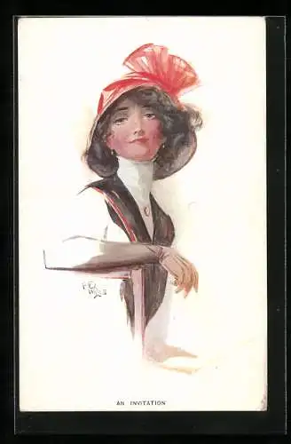 Künstler-AK sign. F. E. Wiles: An Invitation, Hübsche Frau mit offenem Lächeln