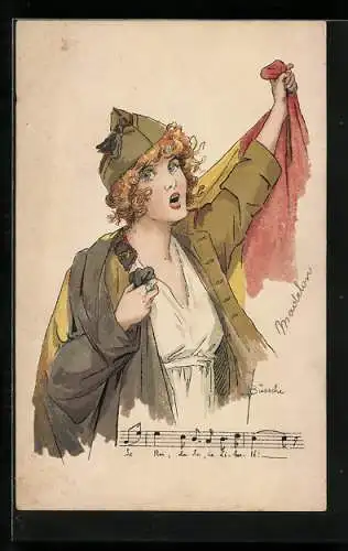 Künstler-AK sign. J. v. Bussche: Frau in Uniform mit belgischer Fahne