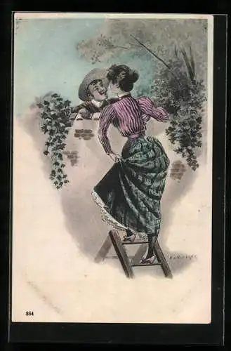 Künstler-AK sign. R. v. Rüdiger: Techtelmechtel an der Gartenmauer