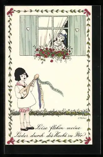 Künstler-AK E. Weber: Lautespieler nachts vor dem Fenster eines Mädchens