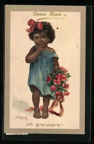 Künstler-AK sign. A. M. Cook: Mädchen mit Blumen und Schleife im Haar