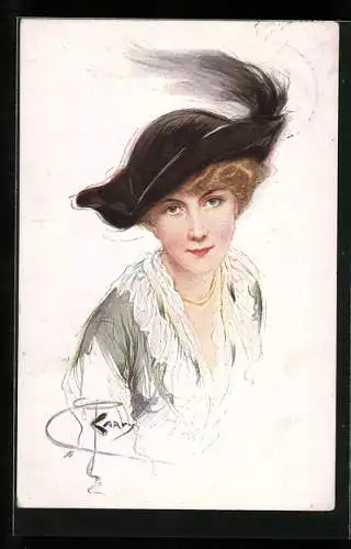 Künstler-AK sign. M. Munk: Dame mit Federhut