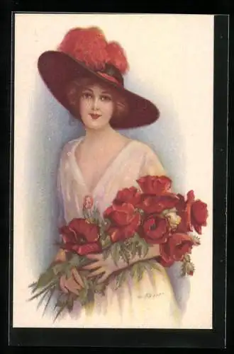 Künstler-AK sign. H. Fisher: Junge Dame mit Hut und roten Rosen