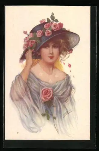 Künstler-AK sign. H. Fisher: Junge Dame mit Hut und rosa Rosen