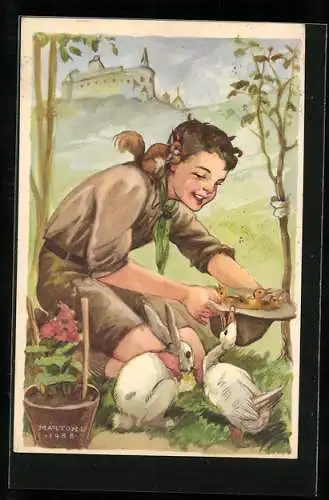 Künstler-AK Der Tierfreund, Pfadfinder mit Küken, Ente und Kaninchen