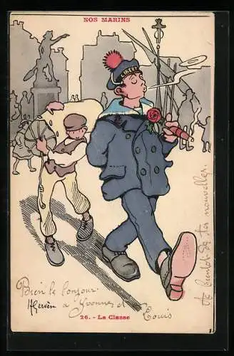 Künstler-AK H. Gervèse: Nos Marins, La Classe, frz. Seeleute, der Matrose lässt seinen Seesack von einem Jungen tragen