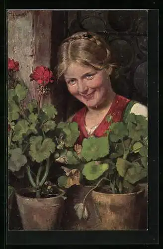 Künstler-AK sign. Hugo Engl: Unter Blumen, Junge Frau hinter zwei Blumentöpfen