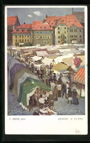 Künstler-AK sign. F. Michl: Jahrmarkt, Geschäftiges Treiben auf dem Markt