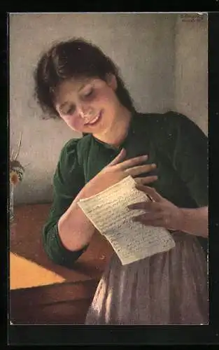 Künstler-AK Degi Nr 419. Ein Liebesbrief, junge Dame liesst einen Liebesbrief