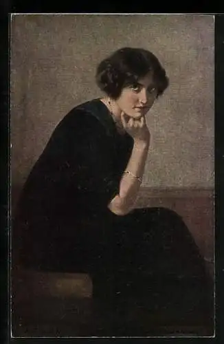 Künstler-AK sign. H. Rondel: In Gedanken, Junge Frau im schwarzen Kleid