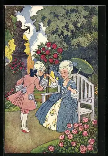 Künstler-AK sign. J. Wenig: Mann begrüsst eine elegante Dame