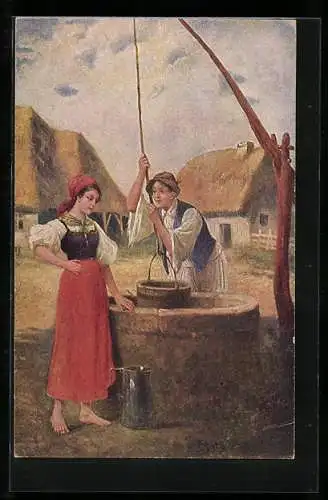 Künstler-AK sign. G. Pista: Am Brunnen, Zwei Frauen holen Wasser