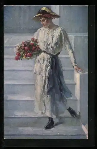 Ölgemälde-Imitations-AK Degi Nr. 718: Letzte Rosen, Frau mit Rosenstrauss auf einer Treppe