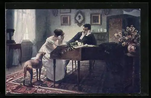 Künstler-AK Abschied, weinende Frau am Klavier, daneben Mann und Hund