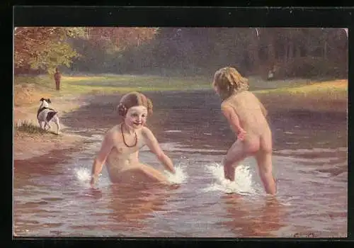 Künstler-AK sign. Karl Rumpel: Sommerfreuden, Zwei nackte Kinder spielen im Fluss