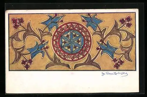 Künstler-AK sign. Tadeusz Zwolinski: Ein florales, symmetrisches Muster