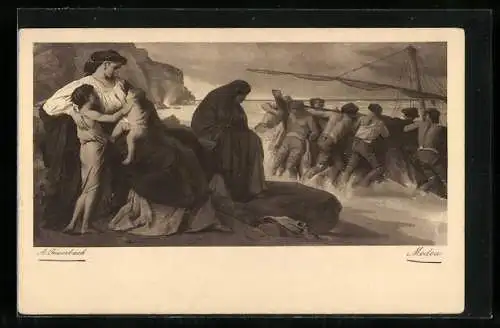 Künstler-AK sign. A. Feuerbach: Medea, Männer schieben das Boot in die Wellen, Frauen und Kinder bleiben zurück