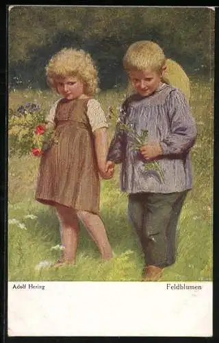 Künstler-AK sign. Adolf Hering: Feldblumen, Junge und Mädchen Hand in Hand auf dem Feld