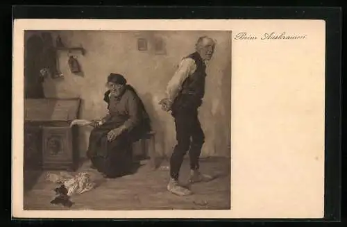 Künstler-AK Hans Best: Beim Auskramen, sitzende Frau sortiert die Wäsche ihres Mannes