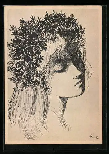 Künstler-AK sign. Hanna Nagel: Frühling, Junge Frau mit Blumen im Haar