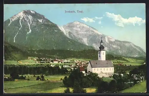 AK Jenbach i. T., Panoramablick auf Ort und Kirche