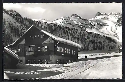 AK Telfes im Stubai, Alpengastwirtschaft Schliker Alm im Schnee