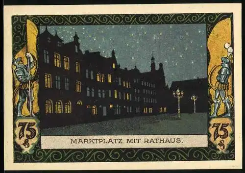 Notgeld Kahla, 1921, 75 Pfennig, Marktplatz mit Rathaus, Gutschein über 75 Pfennig