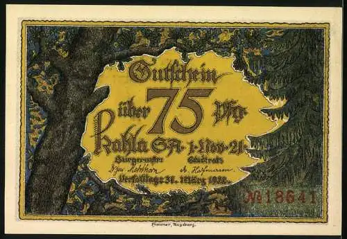 Notgeld Kahla, 1921, 75 Pfennig, Marktplatz mit Rathaus, Gutschein über 75 Pfennig