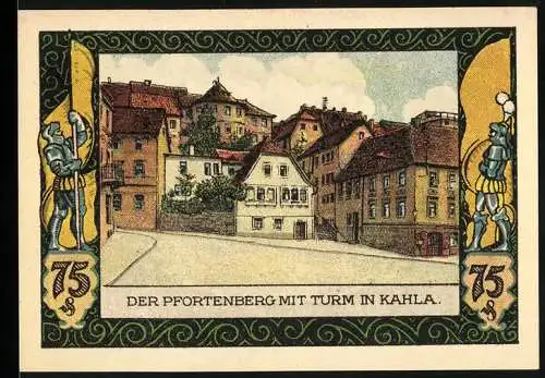 Notgeld Kahla 1921, 75 Pfennig, Der Pfortenberg mit Turm und Bäume-Hintergrund