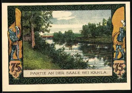 Notgeld Kahla, 1921, 75 Pfennig, Partie an der Saale bei Kahla, gelbe Rückseite mit Baum und Schrift