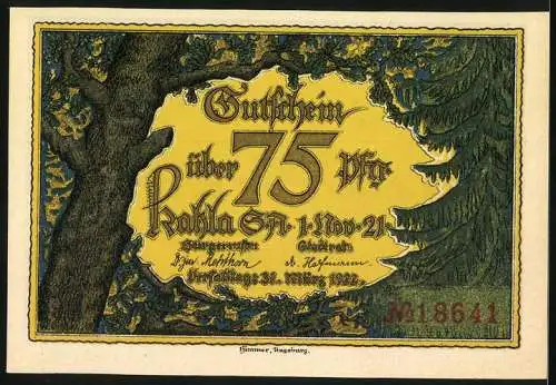 Notgeld Kahla, 1921, 75 Pfennig, Partie an der Saale bei Kahla, gelbe Rückseite mit Baum und Schrift