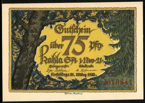 Notgeld Kahla, 1921, 75 Pfennig, Gutschein mit Burgtor der Leuchtenburg und Landschaftsansicht