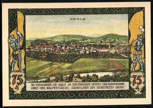 Notgeld Kahla 1921, 75 Pf, Stadtansicht mit Saale und Walpersberg, gelbes Gutschein-Design