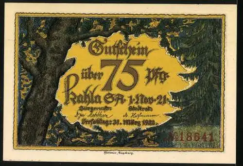 Notgeld Kahla 1921, 75 Pf, Stadtansicht mit Saale und Walpersberg, gelbes Gutschein-Design