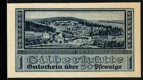 Notgeld Harzgerode 1921, 50 Pfennig, Silberhütte, Ansicht der Stadt und Bergmann mit Schaufel