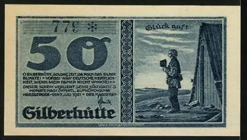 Notgeld Harzgerode 1921, 50 Pfennig, Silberhütte, Ansicht der Stadt und Bergmann mit Schaufel