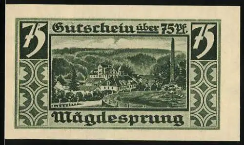 Notgeld Mägdesprung, 75 Pf, Gutschein mit Landschaft und Denkmal